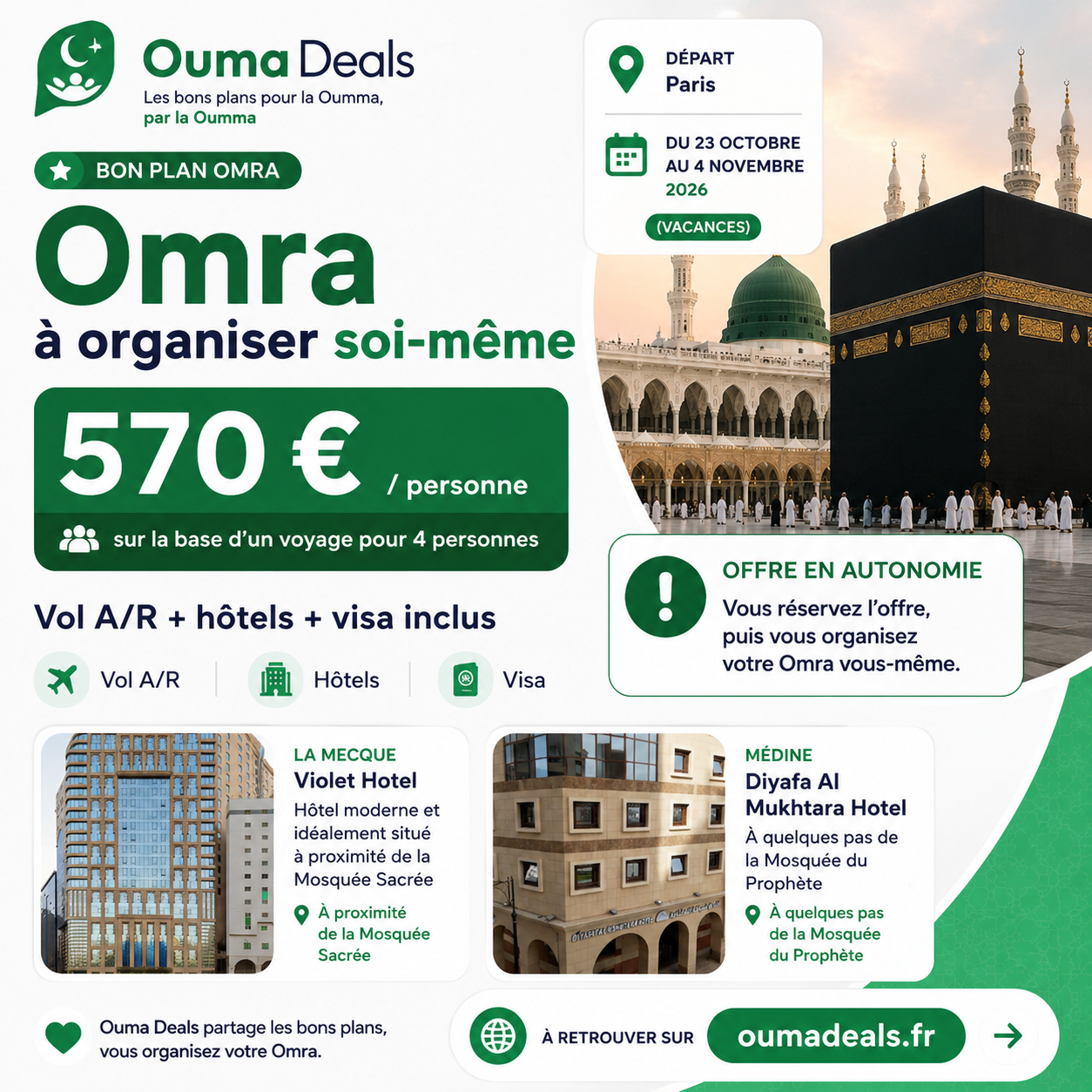 omra : VOL + HOTEL + VISA au depart de Paris à 570e
